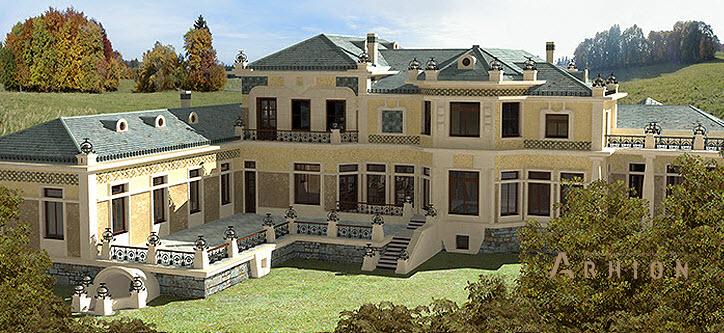 2. Проект двухэтажного дома в классическом стиле с многоскатной кровлей, SOV-3, площадью - 1082 кв c цокольным этажом, сауной, балконом, эркером